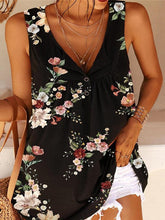 Printed V-Neck Twist Button Sleeveless Tank Top T-Shirt